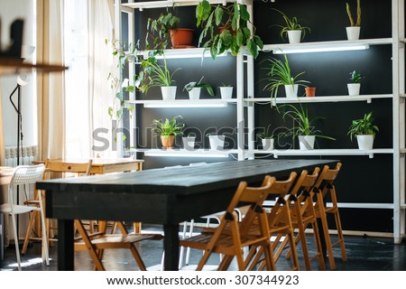 Office or cafe room in modern simple style with wooden furniture and plants