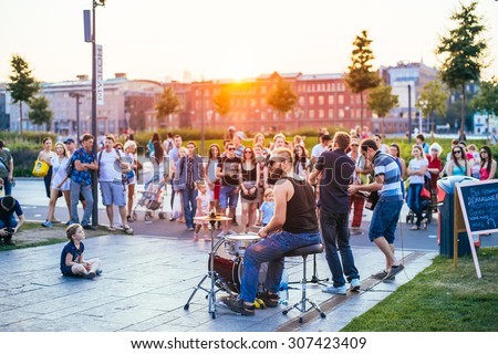 MOSCOW, RUSSIA - AUGUST 9, 2015: Street band is performing in Muzeon park in Moscow, Russia. Toned picture