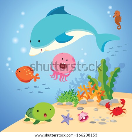 Underwater World. Vector Illustration Of Colorful Sea Creatures.