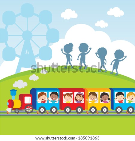 Circus train kids Vector illustration of diversity kids on circus train waving their hands Circus train kids Vector illustration of diversity kids on circus train waving their hands