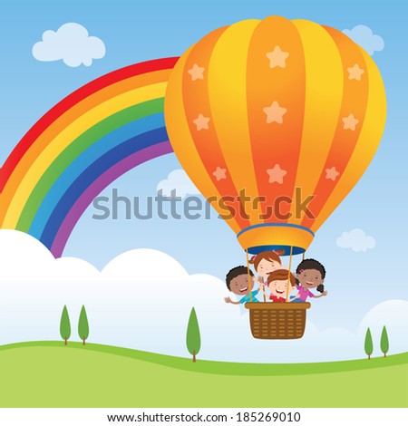 Happy kids riding hot air balloon Vector illustration of diversity kids riding a hot air balloon Happy kids riding hot air balloon Vector illustration of diversity kids riding a hot air balloon