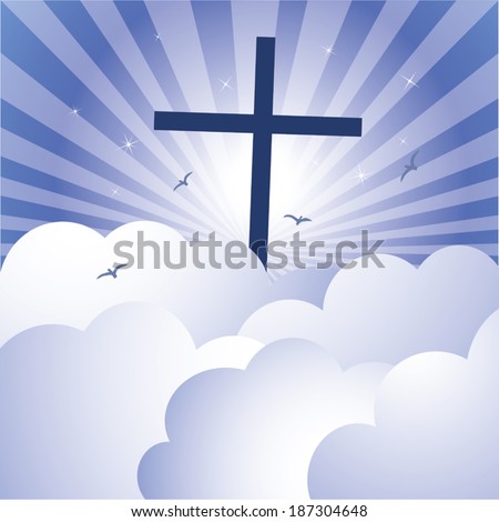 Cross and glorious sky. Vector illustration of cross Jesus Christ's Resurrection with glorious sky and sparkles stars background.