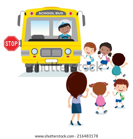 School kids boarding the bus Teacher waving to the school kids School kids boarding the bus Teacher waving to the school kids