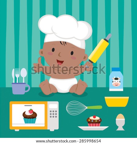 Cute baker baby boy. Cheerful baby with baking utensils.