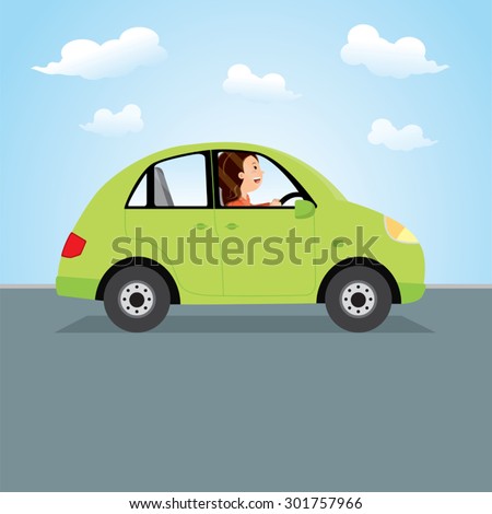 Woman driving green car. Happy young woman driving a car.