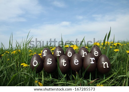 The Easter eggs with letters forming the text Frohe Ostern