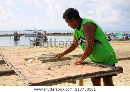 Samui, Thailand - May 2, 2014 - an unidentified fisherman dries fish for food preservation\
\
\
\
\
m