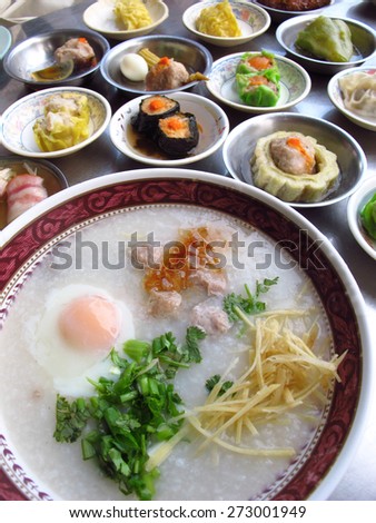 Breakfast of Southern Chinese-Thai local people, rice porridge and Dimsum (steamed food)