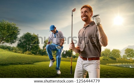 Male golf players on professional golf course. Happy player emotionally rejoices victory. Angry opponent sad about losing and broke his golf club on knee
