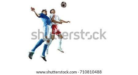 Soccer player on a white background. Isolated soccer player in un-brand clothes.