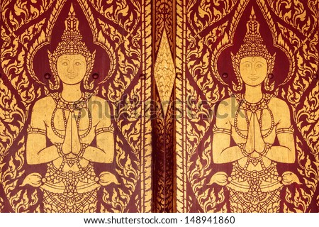thai ancient painting art on wood door of church