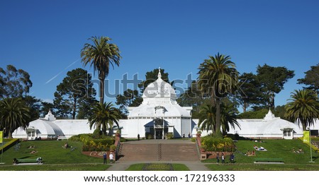 SAN FRANCISCO - OCTOBER 29: Panorama view of the Conservatory of Flowers in Golden Gate Park in San Francisco on a sunny autumn day, on October 29, 2012.