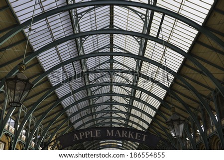 Glass and iron ceiling of the main market hall at Covent Garden Market in London, UK.