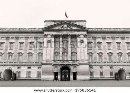 Front view of the Portland stone facade of Buckingham Palace, London's residence of the British Monarch. Sepia toned.