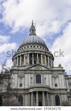 Low-angle view of St.Paul??s Cathedral in London. Built after The Great Fire Of London of 1666, it's Christopher Wren??s masterpiece and one of the most touristic attractions in the city.