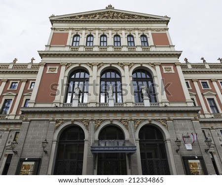 Main facade of the Wiener Musikverein, a famous concert hall home to the Vienna Philharmonic Orchestra. Built in 1870, it is considered one of the finest concert halls in the world.