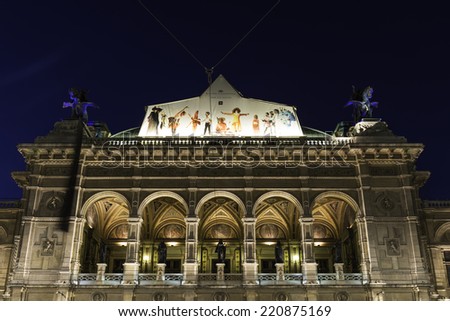 VIENNA - JUNE 22: Night long exposure of Vienna\'s State Opera House (Staatsoper), one of the most famous venues for opera and ballet performances in the world, on June 22, 2014.