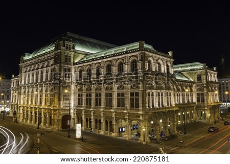VIENNA - JUNE 22: Night long exposure of Vienna's State Opera House (Staatsoper), one of the most famous venues for opera and ballet performances in the world, on June 22, 2014.
