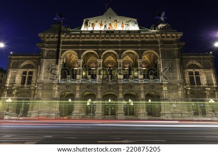 VIENNA - JUNE 22: Night long exposure of Vienna\'s State Opera House (Staatsoper), one of the most famous venues for opera and ballet performances in the world, on June 22, 2014.