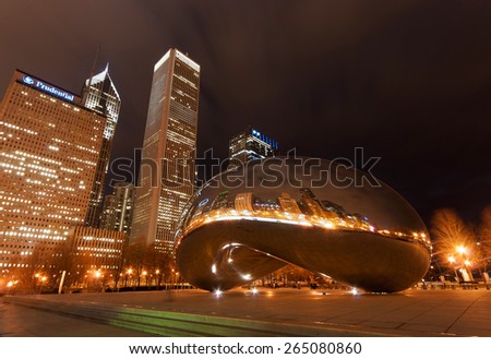 CHICAGO - MARCH 8: Long exposure night photograph of Chicago\'s Cloud Gate, a public sculpture by Indian-born artist Anish Kapoor, located in the Millennium Park in Chicago, Illinois, on March 8, 2012.