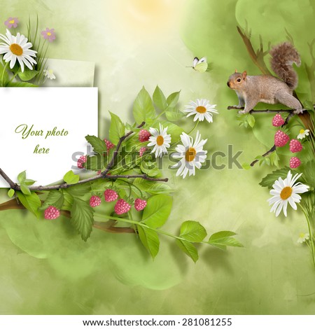 Beautiful painted green frame with raspberry bush, chamomiles and squirrel. Forest walk scene