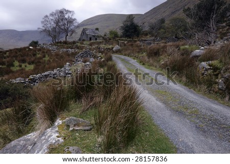 gravel road leading past derelict house in heart of Kerry Mountains, Co.Kerry, Ireland