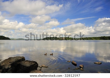 Lough Key, Co.Roscommon, Ireland showing island with  castle ruins in distance