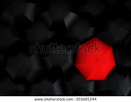 Standing out from the crowd, high angle view of red umbrella over many dark ones