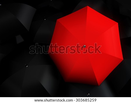 Standing out from the crowd, high angle view of red umbrella over many dark ones