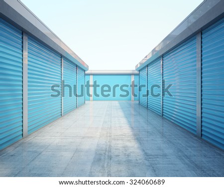 Storage units with blue door. 3d rendering