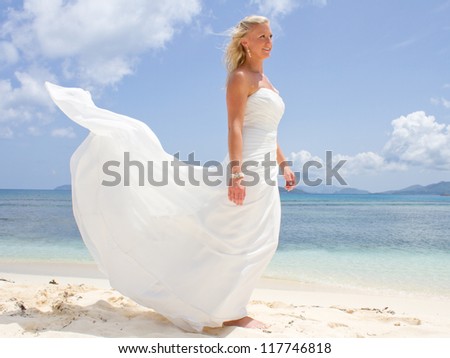 Bride on Island with wedding dress blowing in the wind