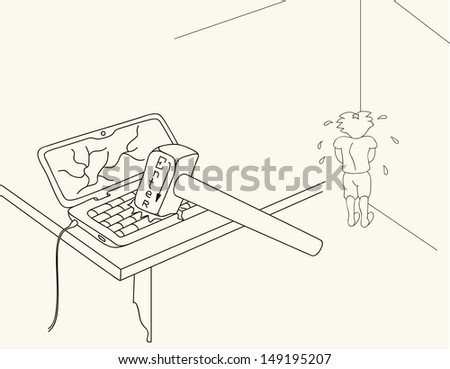 Computer addiction. Hand drawn illustration of smashed laptop. The virus of twenty-first century