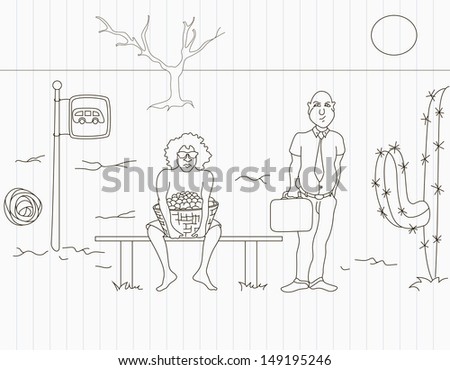 Hand-drawing of bus stop in the desert. The illogical event