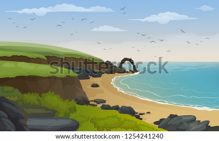Scotland sea coast landscape vector background. Sandy beach with rocks and cliffs.