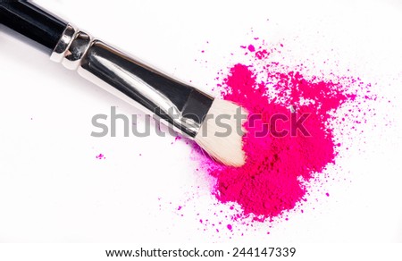 makeup brush with pink powder isolated on white