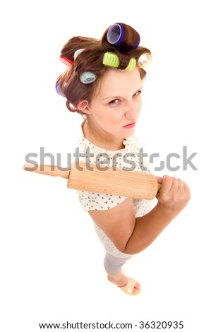 Angry housewife on a white background