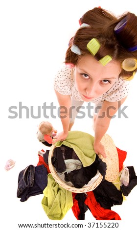 Angry housewife with a lot of washing