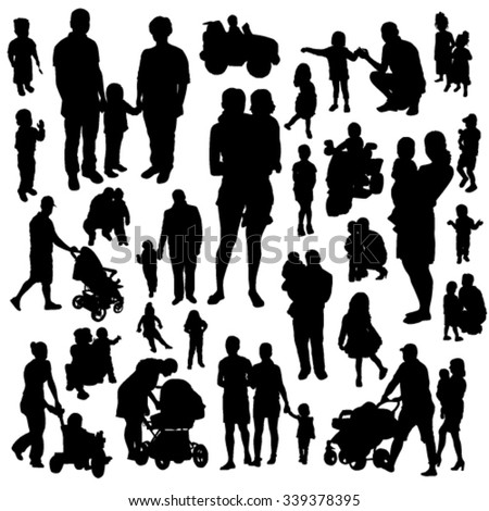 People and Children Black Silhouettes Set
