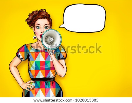 Pop art girl with megaphone. Woman with loudspeaker. Girl announcing discount. Shopping time. Protest,  feminism, woman rights, woman protest, girl power. Special offer, brunette, pop, fashion, sexy