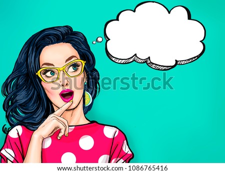 Thinking young sexy woman with open mouth looking up on empty bubble.Pop Art girl is thought and holding hand near the face