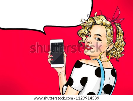 Attractive sexy girl in with phone in the hand in comic style. Woman holding smartphone. Digital advertisement female model showing the message or new app on cellphone.