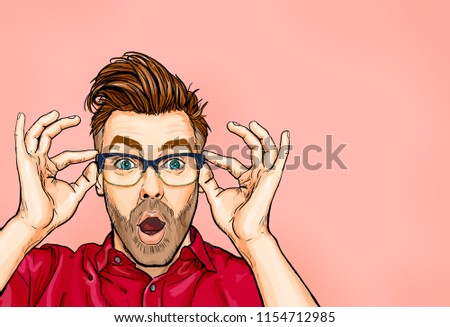 Portrait of man in glasses says wow with open mouth to see something unexpected. Shocked  guy with surprised expression. Emotions concept