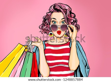 Amazed young sexy woman in glasses with shopping  bags in comic style.  Pop Art  wow girl. Advertising poster with surprised magazine cover female model.