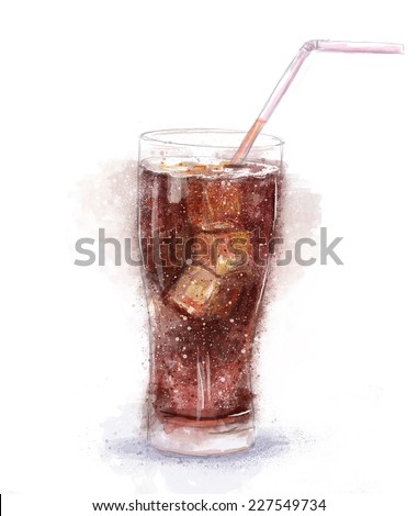 Cola glass with ice cubes on a white background.Cold drink with ice in a glass.