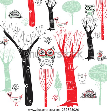Cute vector background with colorful trees and birds. Cartoon forest with the owls and other birds .Bright natural background.Outdoor concept seamless pattern.