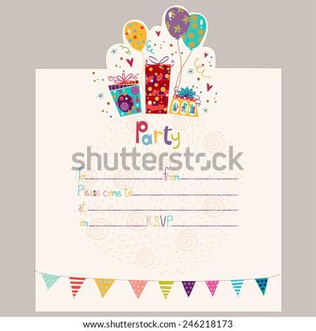 Happy Birthday Invitation.Birthday greeting card with gifts and balloons in bright colors. Sweet cartoon vector.Party invitation.
