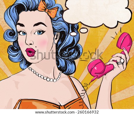 Pop Art illustration of woman with the speech bubble ant retro telephone.Pop Art girl. Party invitation. Birthday greeting card.Call me. Cute girl surprised by the call. Vintage pop art poster.