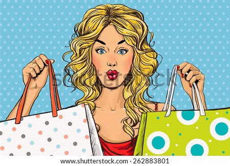 Pop Art blond women with shopping bags in the hands.Shopping Time.Sale and discount time. Black Friday.Fashion days.Pop Art girl.Hollywood movie star.Shopaholic blond girl with bags.Sale in the store.