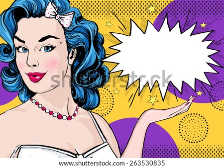 Pop Art illustration of woman with the comic speech bubble .Pop Art girl. Party invitation. Birthday greeting card.Cute girl surprised . Vintage pop art poster.