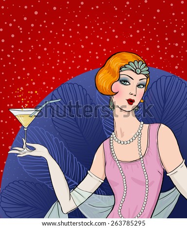 Flapper girl: Retro party invitation design.Art deco women with glass.Retro birthday invitation. Great Gatsby style party. Jazz party invitation poster or card design.